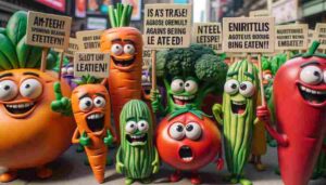 A close up view of the humorous scene with animated vegetables protesting, focusing on a few characters like a charismatic carrot, a cheeky tomato, an Vegetables Declare They Don't Like Being Eaten Either -- A close up view of the humorous scene with animated vegetables protesting, focusing on a few characters like a charismatic carrot, a cheeky tomato, an