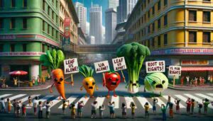 A humorous and imaginative scene depicting a group of animated vegetables in a cityscape, showcasing different vegetables like carrots, tomatoes, 2 A humorous and imaginative scene depicting a group of animated vegetables in a cityscape, showcasing different vegetables like carrots, tomatoes, Vegetables Declare They Don't Like Being Eaten Either