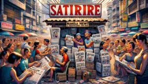 Manila News A lively and satirical scene at a newspaper stand in Manila, Philippines, highlighting the popularity of satire as a genre. The stand1