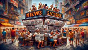 Manila News A lively and satirical scene at a newspaper stand in Manila, Philippines, highlighting the popularity of satire as a genre. The stand2