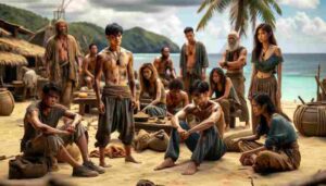 Manila News A medium shot of a fictional Filipino reality show scene, depicting emaciated and sad contestants stranded on an island for an extra 3