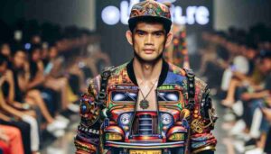 Screw the News Photo - Create a close-up, photo-realistic image that zooms in on a model from the 'Jeepney Chic' fashion show in Manila, highlighting the 6