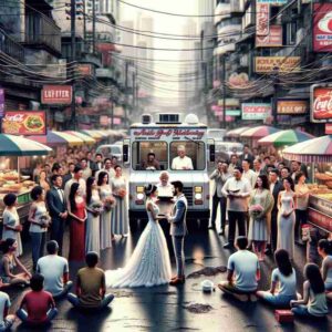 Screw the News Photo - Photorealistic image depicting a wedding on the streets of Manila. The scene shows a bustling street with a food 6