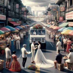 Screw the News Photo - Photorealistic image depicting a wedding on the streets of Manila. The scene shows a bustling street with a food 7