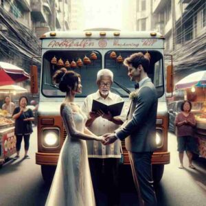 Screw the News Photo - Photorealistic medium shot image of a wedding on the streets of Manila, with a food truck vendor as the officiant10