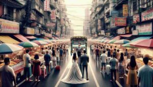 Screw the News Photo - Photorealistic wide aspect image depicting a wedding on the streets of Manila, with a food truck vendor acting as8