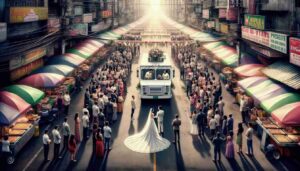 Screw the News Photo - Photorealistic wide aspect image depicting a wedding on the streets of Manila, with a food truck vendor acting as9