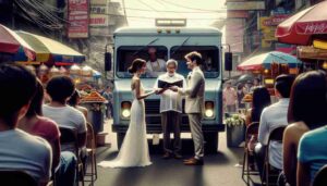 Screw the News Photo - Photorealistic wide aspect medium shot image of a wedding on the streets of Manila, with a food truck vendor as t12
