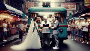 Screw the News Photo - Photorealistic wide aspect medium shot image of a wedding on the streets of Manila, with a food truck vendor as t13