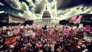 Screw the News Photo - pect, medium shot capturing a vibrant  and dynamic protest scene outside the Capitol, with a diverse group of anti-Academy and pro-pink protes1