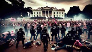Screw the News Photo - pect, tense scene outside the White House featuring pro-pink protesters, potentially on the verge of violence. The protesters, predominantly 2