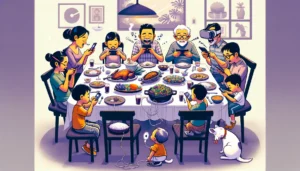2An illustration depicting a family dinner table scene where each member, from the toddler to the grandparents, is busy with their own device, ignoring