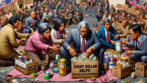 A close up, wide aspect satirical image showing members of the American Congress in a state of poverty, receiving aid from a supportive Philippine com crop