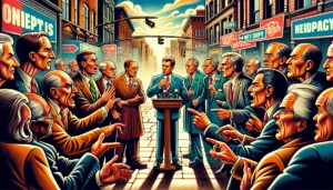 A vibrant and detailed illustration of a group of generic politicians engaged in a heated debate on a city street. The scene is dramatic, reminiscent A vibrant and detailed illustration of a group of generic politicians engaged in a heated debate on a city street. The scene is dramatic, reminiscent