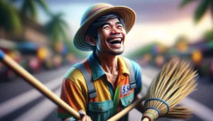 A vibrant  and lively scene on a city street in Parañaque, Philippines, showcasing a group of street sweepers joyfully cleaning the streets while singi (3)