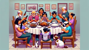 An illustration depicting a family dinner table scene where each member, from the toddler to the grandparents, is busy with their own device, ignoring