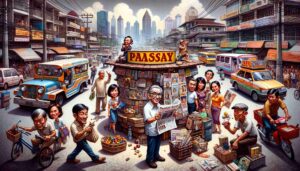 Pasay News: Artful scene centered around a newsstand in Pasay, Manila, capturing the unique atmosphere and daily hustle of the area