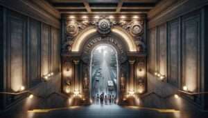 Satire 2024 02 20 23.03.08 Create a detailed close up of the entryway to the Pinaglabanan Shrine's Secret Underground Mall, emphasizing the seamless blend of historical elements Create a detailed close up of the entryway to the Pinaglabanan Shrine's Secret Underground Mall, emphasizing the seamless blend of historical elements