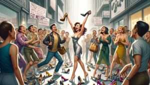 Focus on a detailed close up scene in wide aspect, capturing a specific moment from the satirical reflection on the high heels ban in Makati, 'A Step Focus on a detailed close up scene in wide aspect, capturing a specific moment from the satirical reflection on the high heels ban in Makati, 'A Step
