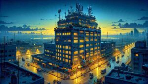 Headquarters of the Manila News Intelligencer at 6 am, maintaining the same wide aspect, satirical caricature style as the previous illus Manila Healthcare and Pharmaceuticals - Headquarters of the Manila News Intelligencer at 6 am, maintaining the same wide aspect, satirical caricature style as the previous illus