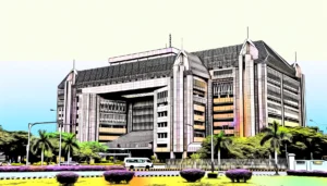 Illustrate a vibrant and detailed view of the GSIS Building in Pasay, Philippines. This building serves as the headquarters for the Government Service Illustrate a vibrant and detailed view of the GSIS Building in Pasay, Philippines. This building serves as the headquarters for the Government Service