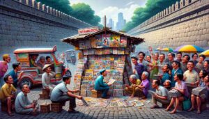 Life around a newsstand in the Intramuros area of Manila