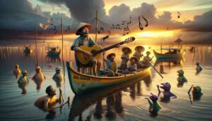 Malabon News Photo close up image capturing the essence of Malabon's singing fishermen with exaggerated and humorous elements. Focus on a 2