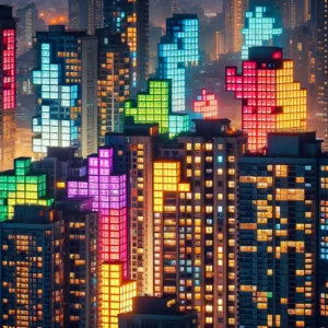 Mandaluyong News section of Metro Manila's skyline transformed into a giant Tetris game, where individual buildings light up to mi4
