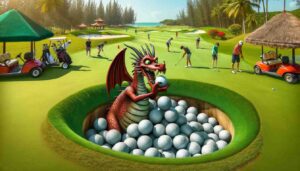 Mandaluyong News whimsical hazard at Wack Wack Golf Course a dragon that steals golf balls. The scene unfolds on a lush,2