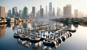 Mandaluyong ic scene in Mandaluyong, Philippines, where innovative floating fitness gyms are designed to combat floods. These gyms are equippe1