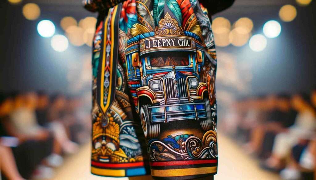 Manila Fashion News close up of an outfit from the 'Jeepney Chic' fashion collection, inspired by Manila's iconic jeepneys. This illustration c4