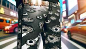 Manila Fashion News close up of the pothole patterned pants, emphasizing the high resolution texture and design that mimics Manila's3