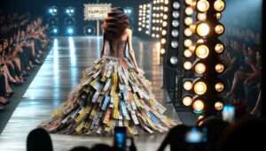 Manila Fashion News mate close up scene inside the fashion show, focusing specifically on the dress made entirely of Manila traffic tickets as 3