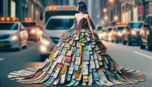 Manila Fashion News scene of a local designer unveiling a dress made entirely of Manila traffic tickets, highlighting the chic side of gridloc2