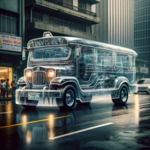 Manila News Intelligencer Visualize a close up scene focusing on an invisible jeepney in Manila, emphasizing its unique, transparent design. This jeepney, barely visible agains13 Manila News Intelligencer Visualize a close up scene focusing on an invisible jeepney in Manila, emphasizing its unique, transparent design. This jeepney, barely visible agains13