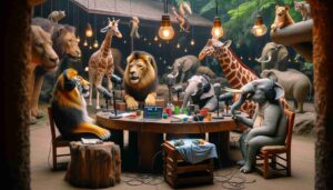 Manila News Intelligencer inside Manila Zoo, where various animals are engaging in a podcast recording session. The setup includes 11 Manila News Intelligencer inside Manila Zoo, where various animals are engaging in a podcast recording session. The setup includes 11