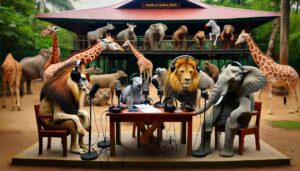 Manila News Intelligencer inside Manila Zoo, where various animals are engaging in a podcast recording session. The setup includes 12 Manila News Intelligencer inside Manila Zoo, where various animals are engaging in a podcast recording session. The setup includes 12