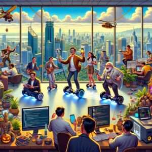Manila News Photo -- A bustling, satirical depiction of a Manila technology startup scene, featuring exaggerated characters representing fintech, e-commerce, and software 2