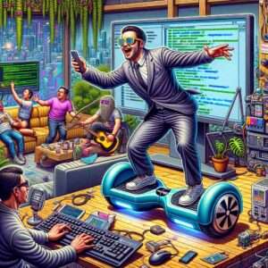 Manila News Photo -- A detailed close-up scene focusing on the most comical and exaggerated aspects of a Manila technology startup, as depicted in a previous image. Zoom i4