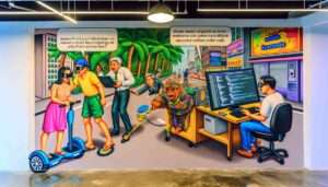 Manila News Photo -- A wide-aspect, detailed close-up showcasing the humorous and exaggerated elements within a Manila technology startup environment, based on the previou6