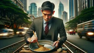 Manila News Photo businessman in formal attire engaged in gold panning along Ayala Avenue in Makati, Philippines. This image captures him from14
