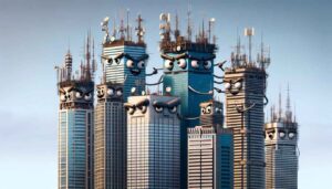 Manila News Photo view of the tops of Makati's skyscrapers, where the buildings are humorously anthropomorphized, trying to outgrow each other by adding new an11