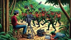 Manila News vibrant , detailed illustration depicting a film shot set in the Philippine jungle, where a director and crew, all equipped with 1990s gear, are film7