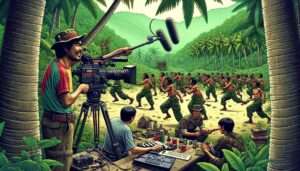 Manila News vibrant , detailed illustration depicting a film shot set in the Philippine jungle, where a director and crew, all equipped with 1990s gear, are film8
