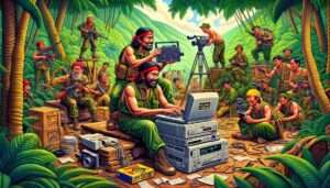 Manila News vibrant , detailed illustration showcasing a humorous scene where Philippine Maoist rebels are using outdated technology, a 1990s laptop and a VHS re2