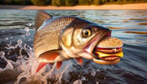 Muntinlupa , wide aspect ratio image focusing on a single fish leaping out of the water with a fast food item in its mouth, capt2 Muntinlupa , wide aspect ratio image focusing on a single fish leaping out of the water with a fast food item in its mouth, capt2