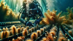 Navotas a detailed close up scene from an underwater farming initiative by a Fishermen's Guild, focusing on a specific aspect of the aquacul4
