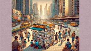 Newsstand in Mandaluyong, showcasing the city's transformation from a quiet suburb to a bustling commercial Newsstand in Mandaluyong, showcasing the city's transformation from a quiet suburb to a bustling commercial