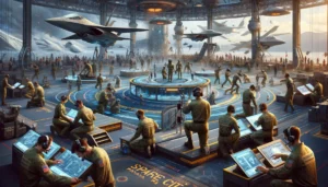 Pasay Star City's Space Camp in Pasay, Manila, designed to train civilians for an upcoming alien invasion. The scene is set in a futuristic traini