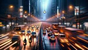 Pasay scene at the EDSA Extension during rush hour, captured in a surreal, close up manner that conveys the concept o2 Pasay scene at the EDSA Extension during rush hour, captured in a surreal, close up manner that conveys the concept o2